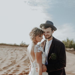 Bohemian Beige Wedding Dress With 3D Lace And Short Sleeves/Open back Nude Wedding Dress/A-line Silhouette Bohemian Wedding gown image 5