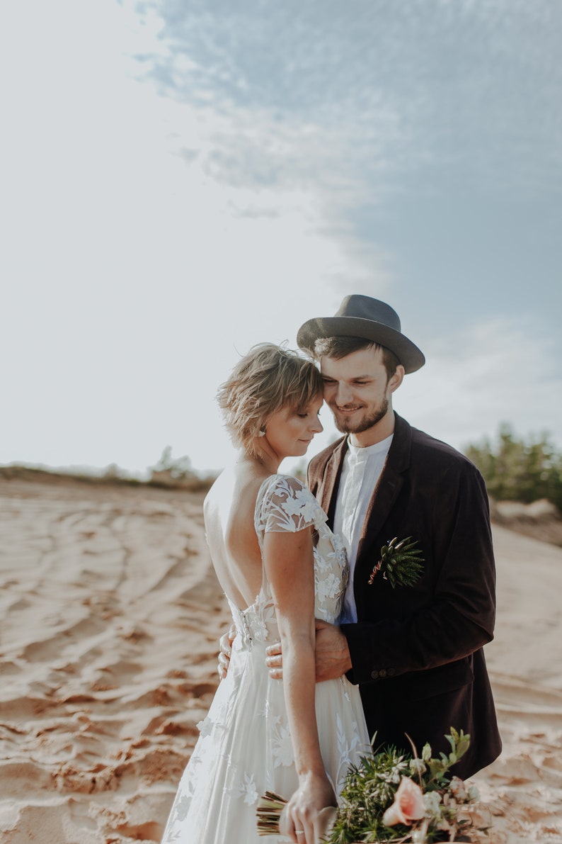 Bohemian Beige Wedding Dress With 3D Lace And Short Sleeves/Open back Nude Wedding Dress/A-line Silhouette Bohemian Wedding gown image 5