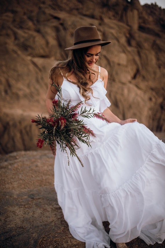 Boho Chiffon Wedding Dress With Beautiful Ruffles and Fine Straps