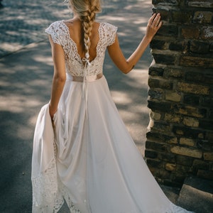 Simple Chiffon Wedding Dress with Lace Top and Hemline/Backless Boho Wedding Dress with Lace Top/Backless Chiffon Wedding Dress