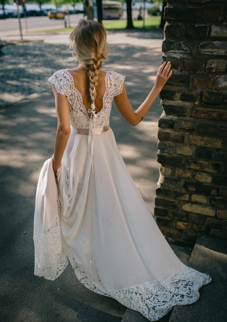 Simple Chiffon Wedding Dress with Lace Top and Hemline/Backless Boho Wedding Dress with Lace Top/Backless Chiffon Wedding Dress image 3