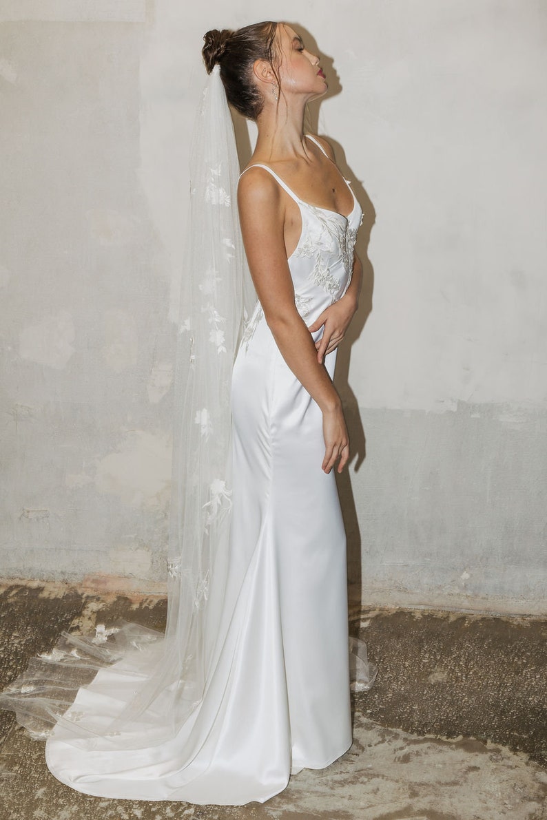 Ivory satin wedding dress / floral details wedding gown / naked back sexy wedding slip gown / wedding dress in ivory / amelii dress handmade image 3