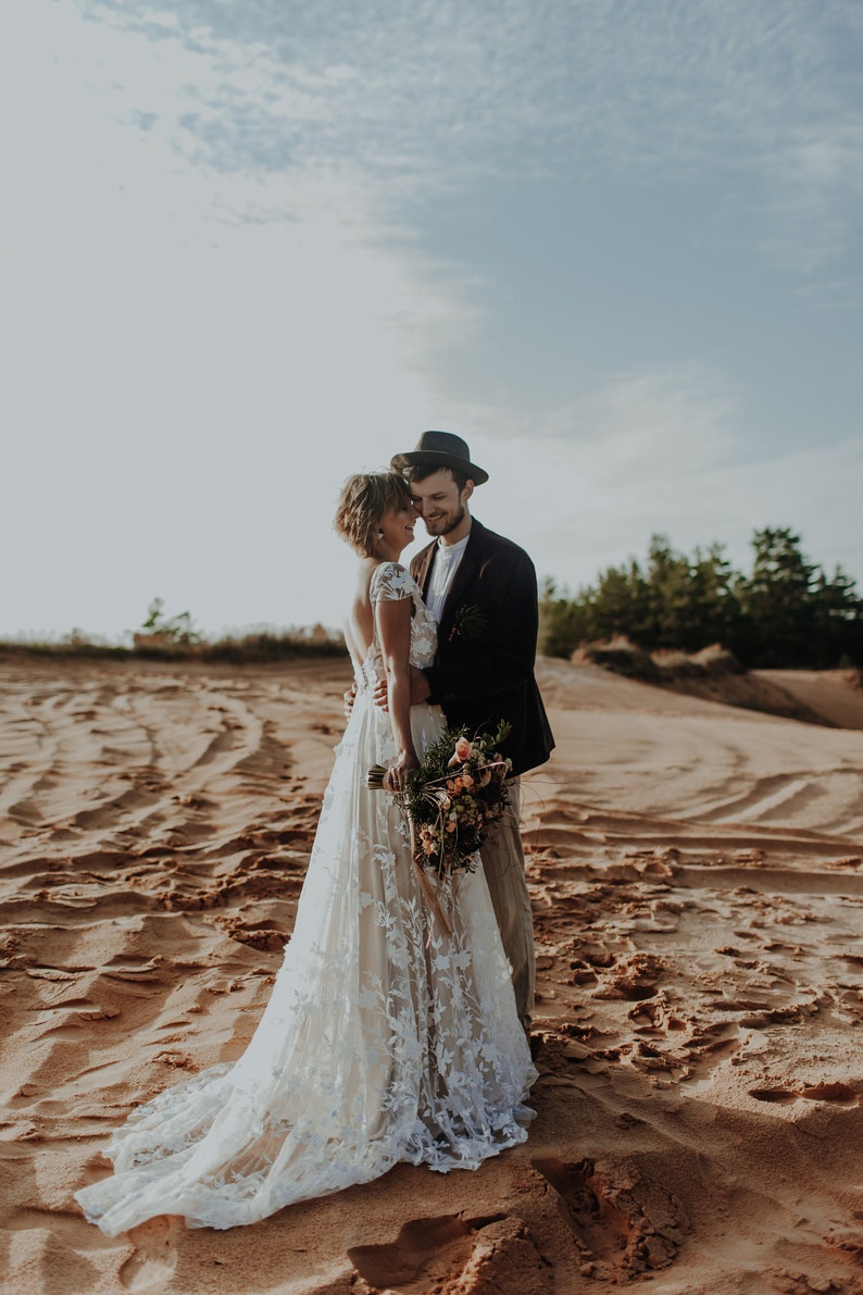 Bohemian Beige Wedding Dress With 3D Lace And Short Sleeves/Open back Nude Wedding Dress/A-line Silhouette Bohemian Wedding gown image 3