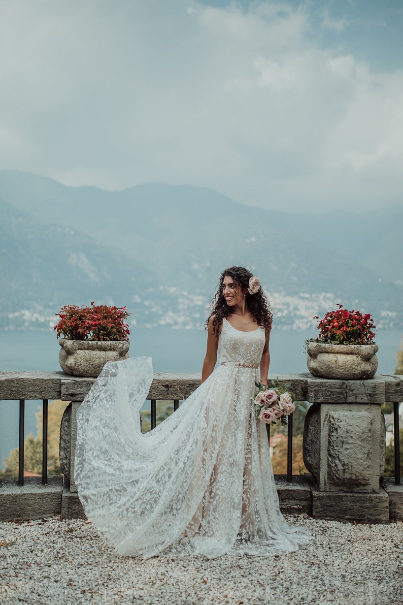 Nude/Beige Boho Sleeveless Wedding Dress With Intricate Lace Detailing/Lace Leaf Patterned Dress with Satin Ribbon/Bohemian Wedding Gown image 1