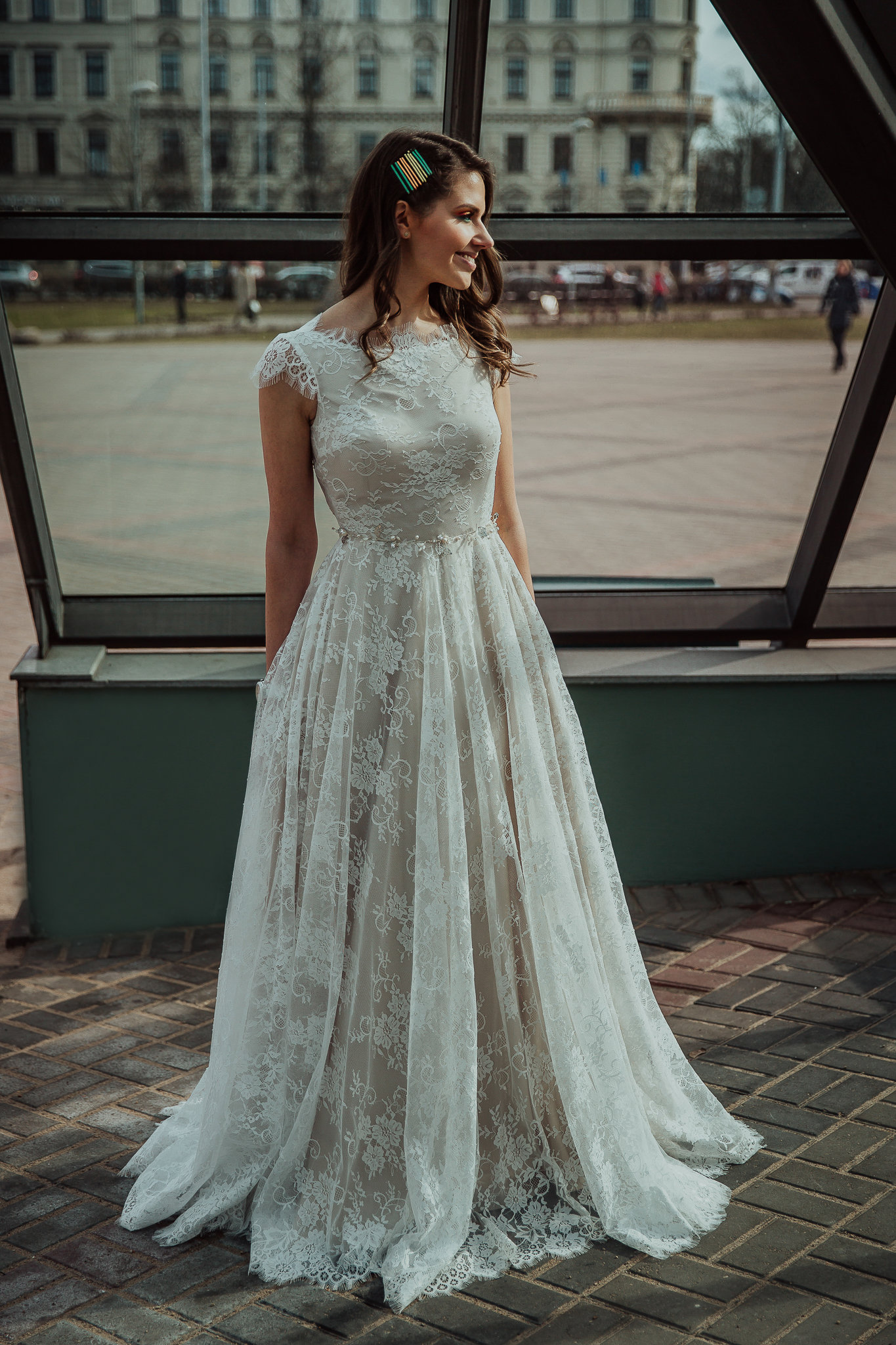Long Beige Lace Wedding Dress/ Bohemian 