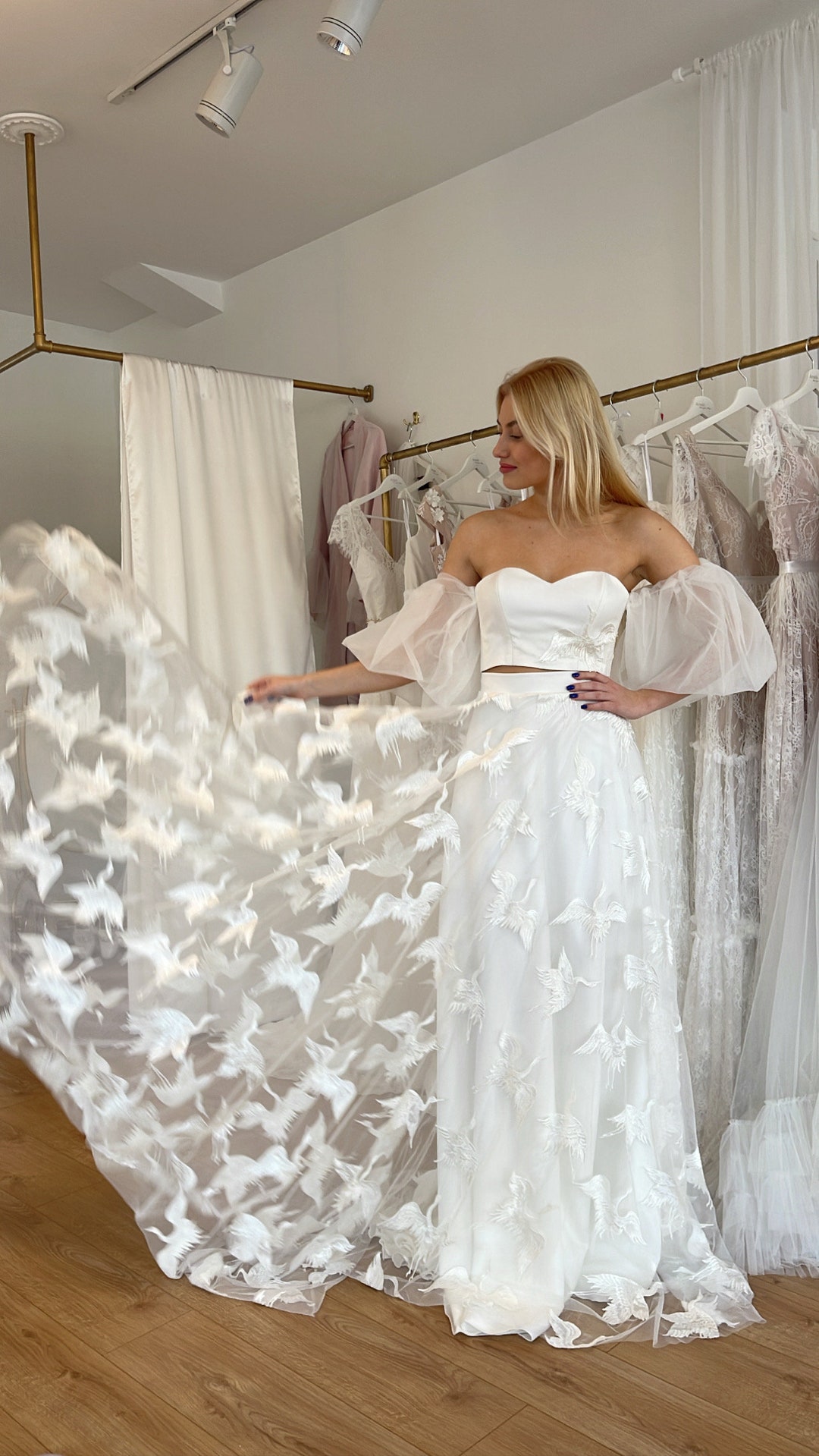 Embroided Birds Wedding Dress in Ivory Two Piece Wedding Set Puff  Sleeves Bridal Set With Love Birds Tulle Skirt Mix&match