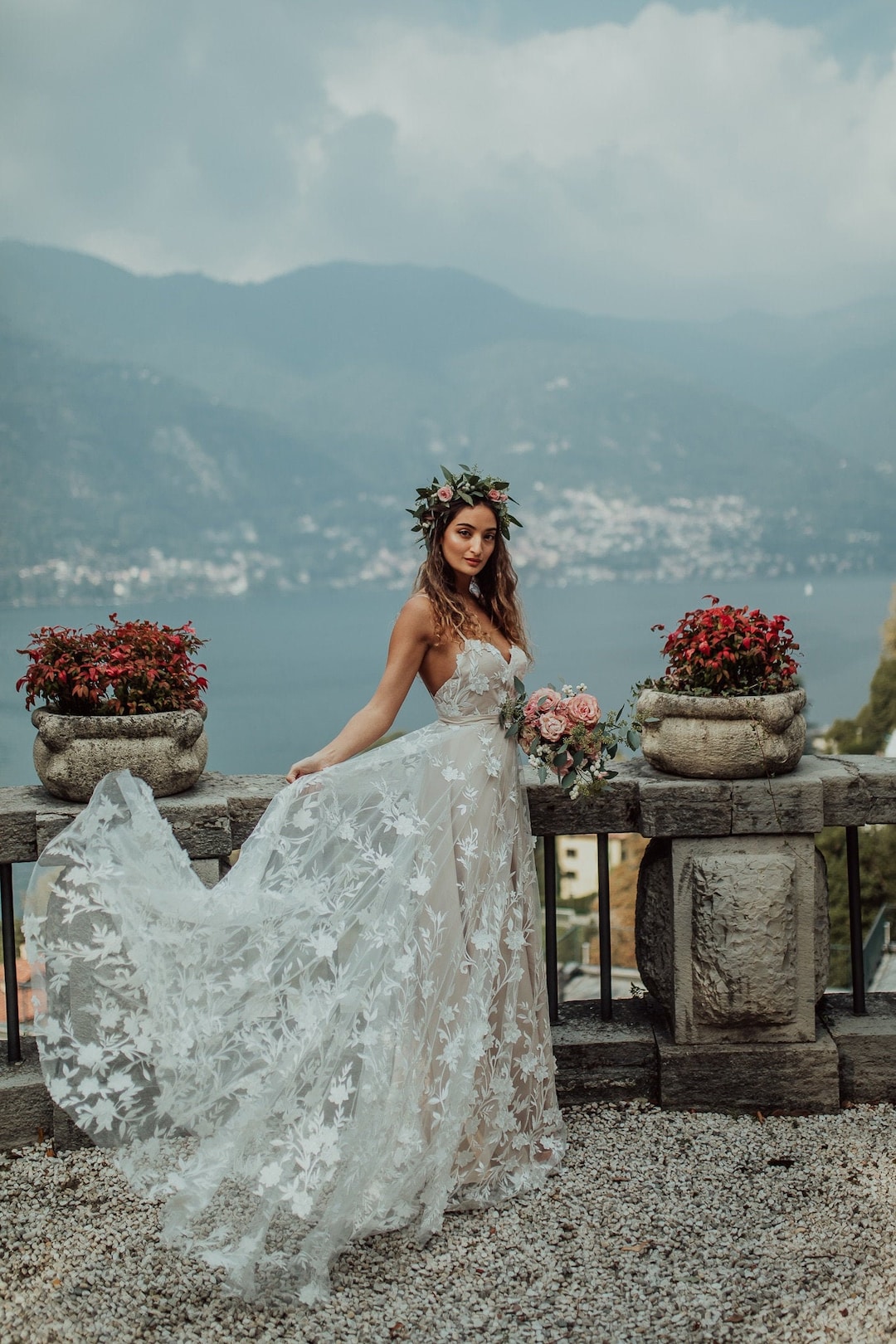 Bohemian 3D Lace Detailed Summer Wedding Dress Open Back and Thin Strap  Romantic Fine Lace Wedding Gown Floral Lace Pattern