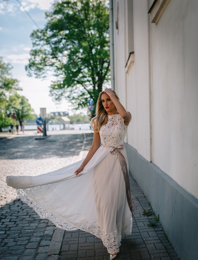 Simple Chiffon Wedding Dress with Lace Top and Hemline/Backless Boho Wedding Dress with Lace Top/Backless Chiffon Wedding Dress image 1