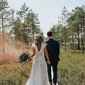 Bohemian Beige Lace Wedding Dress/Bohemian Ruffled Open Back Beige Lace Wedding Dress/Bohemian Long Train Low Back Lace Wedding Dress image 4