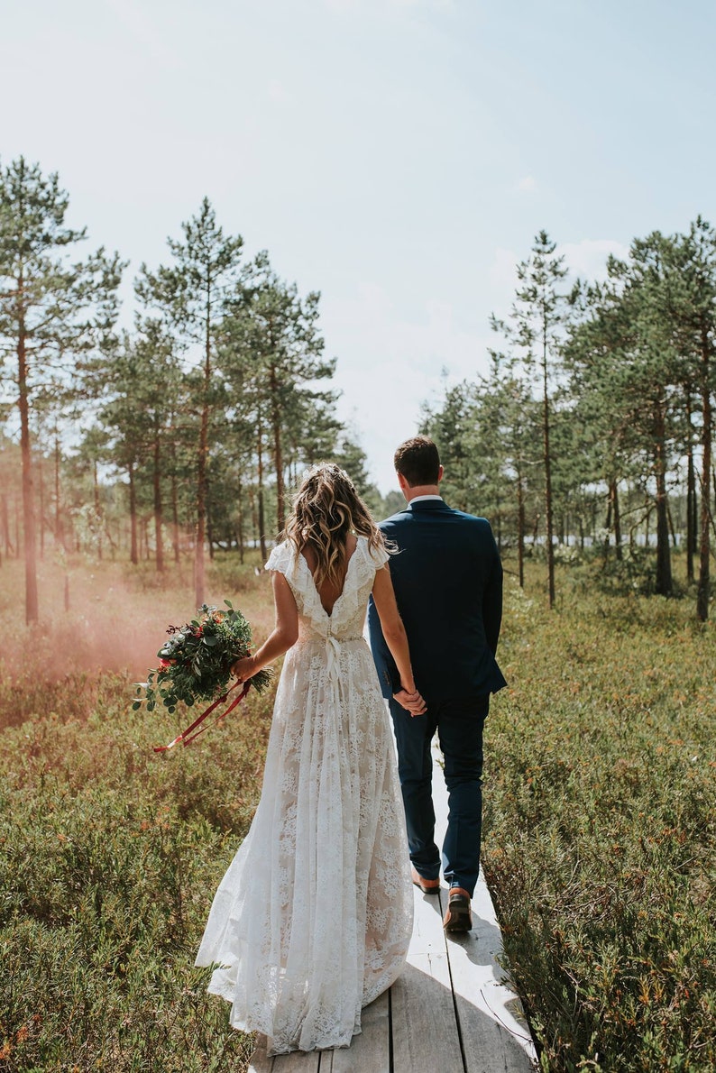 Bohemian Beige Lace Wedding Dress/Bohemian Ruffled Open Back Beige Lace Wedding Dress/Bohemian Long Train Low Back Lace Wedding Dress image 4