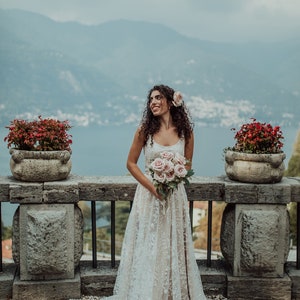 Nude/Beige Boho Sleeveless Wedding Dress With Intricate Lace Detailing/Lace Leaf Patterned Dress with Satin Ribbon/Bohemian Wedding Gown image 2