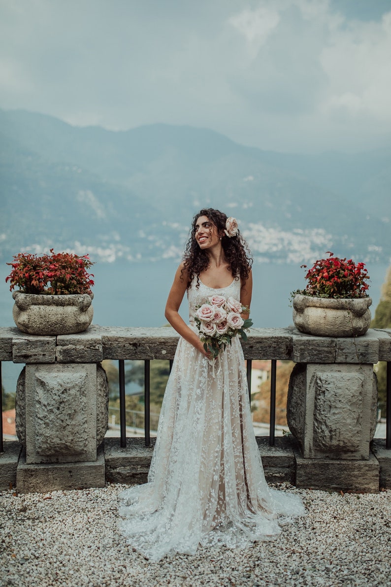 Nude/Beige Boho Sleeveless Wedding Dress With Intricate Lace Detailing/Lace Leaf Patterned Dress with Satin Ribbon/Bohemian Wedding Gown image 2