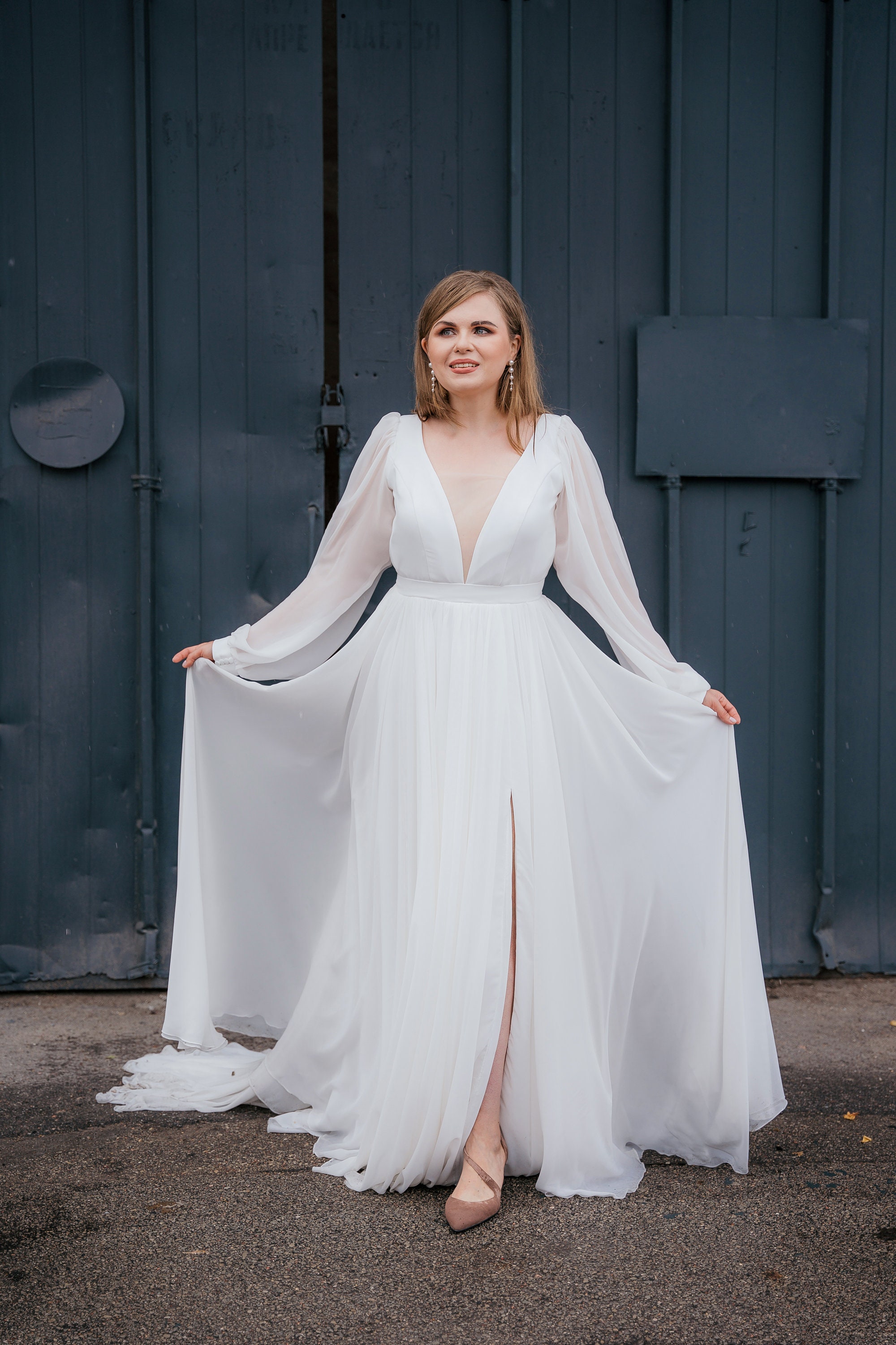 Abito Da Sera In Pizzo Con Scollo A V - Elegante Per Matrimoni E Serate - Colore Bianco - Taglio Lungo - Foto 4
