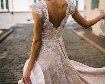 Delicate Lace Wedding Dress/ Bohemian Beige Lace Wedding Dress/ Open Back Beige Lace Wedding Dress/ Bohemian Long Train Wedding Dress