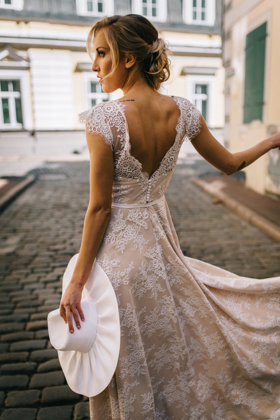 Delicate Lace Wedding Dress/ Bohemian Beige Lace Wedding Dress/ Open Back  Beige Lace Wedding Dress/ Bohemian Long Train Wedding Dress 