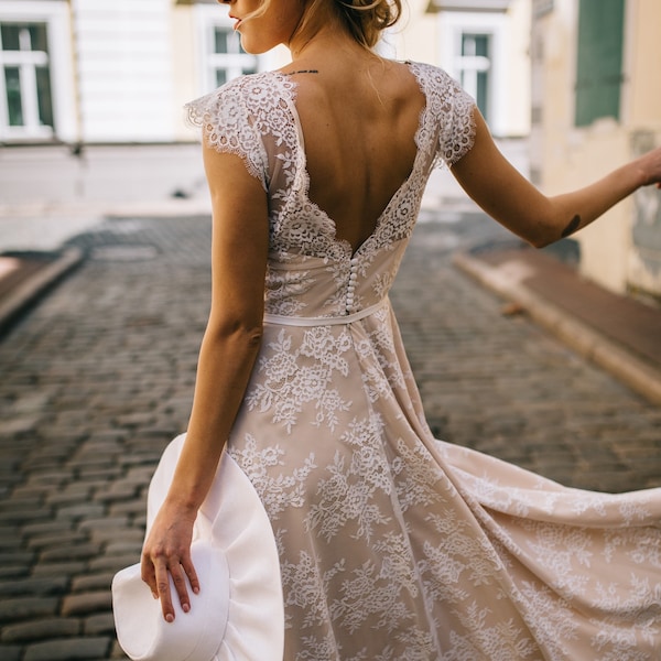 Delicate Lace Wedding Dress/ Bohemian Beige Lace Wedding Dress/ Open Back Beige Lace Wedding Dress/ Bohemian Long Train Wedding Dress