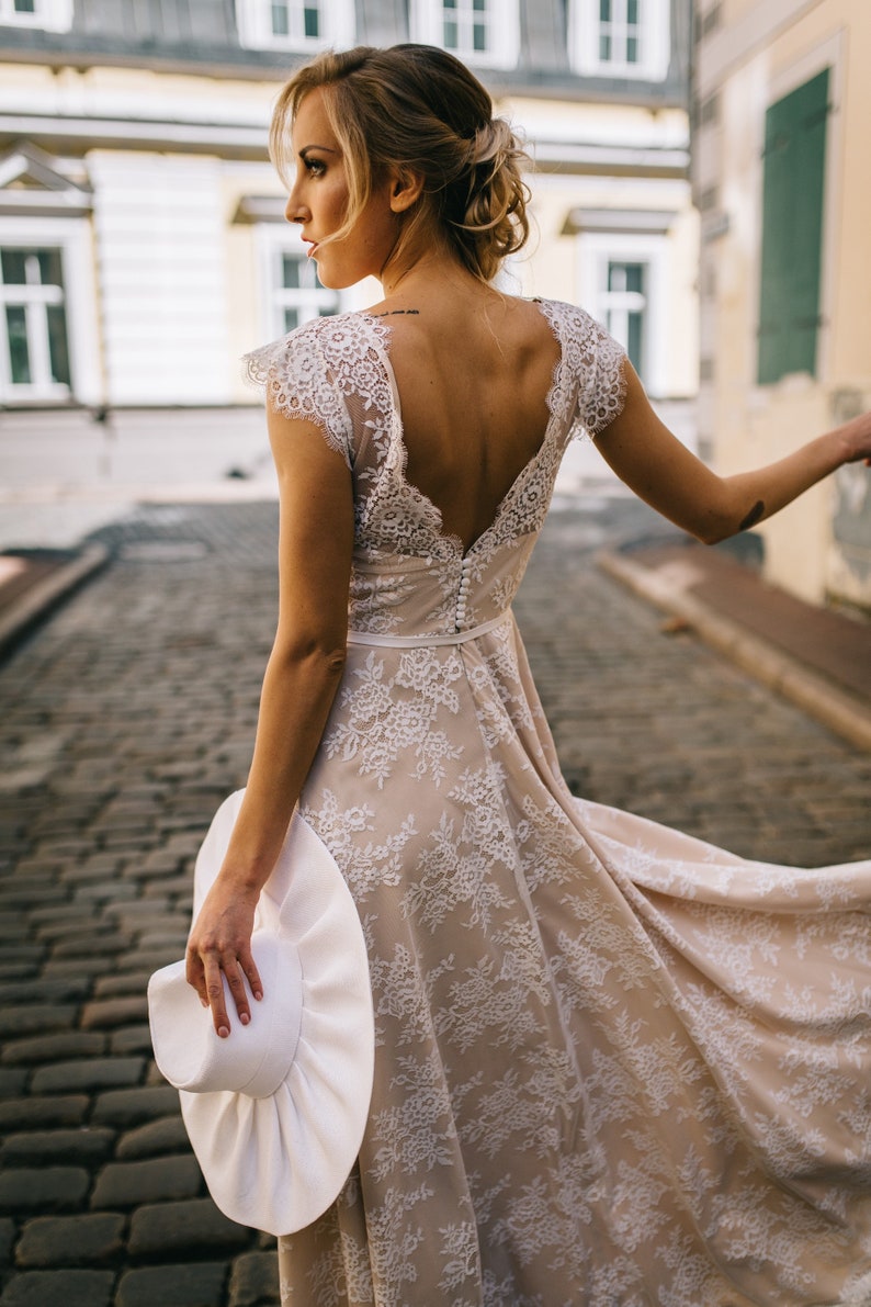 Delicate Lace Wedding Dress/ Bohemian Beige Lace Wedding Dress/ Open Back Beige Lace Wedding Dress/ Bohemian Long Train Wedding Dress image 1
