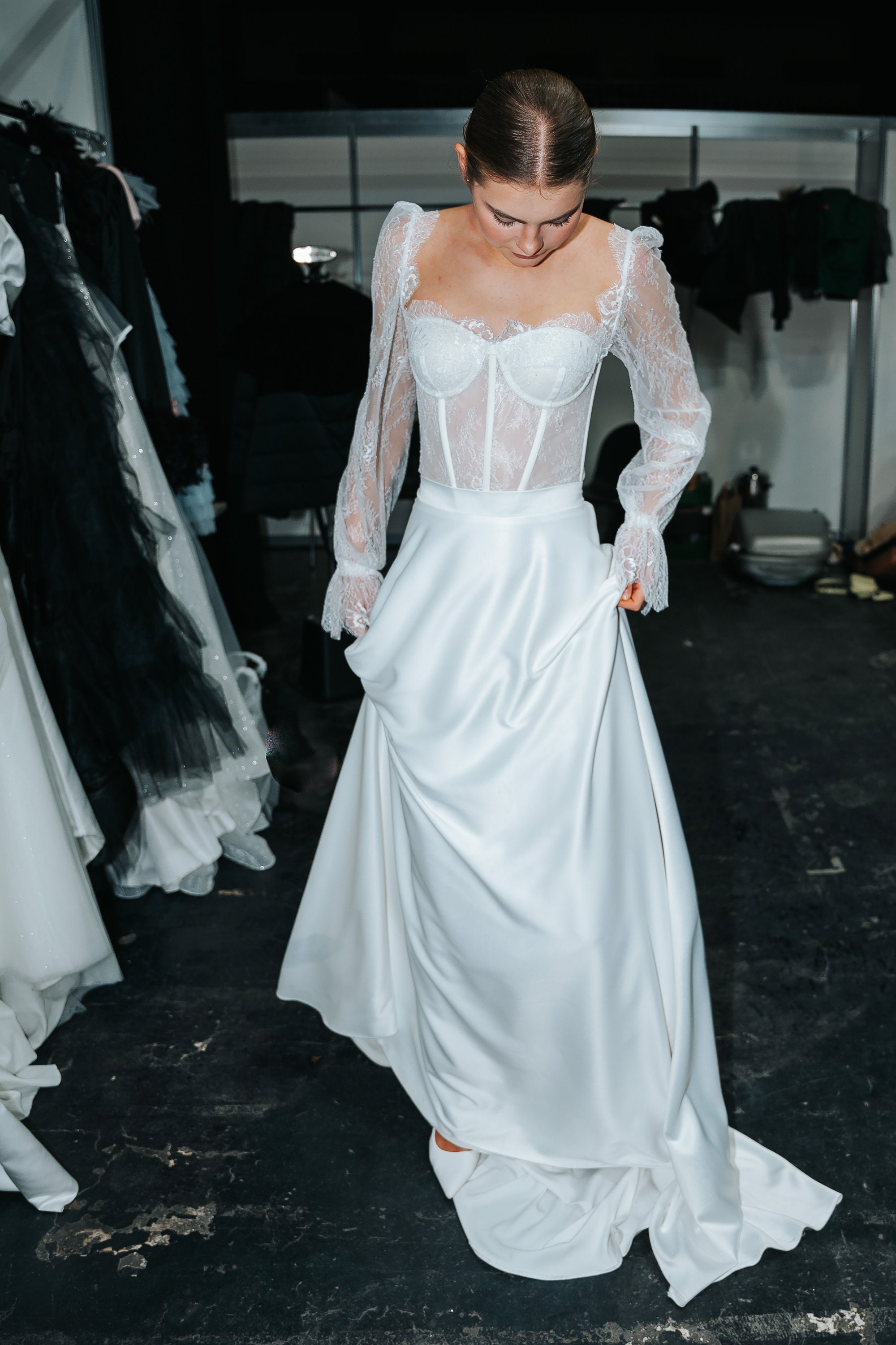 wedding dress satin skirt lace top Rustic Two Piece Lace Crop Top Bridal Separates Tulle Skirt with Satin  Binding