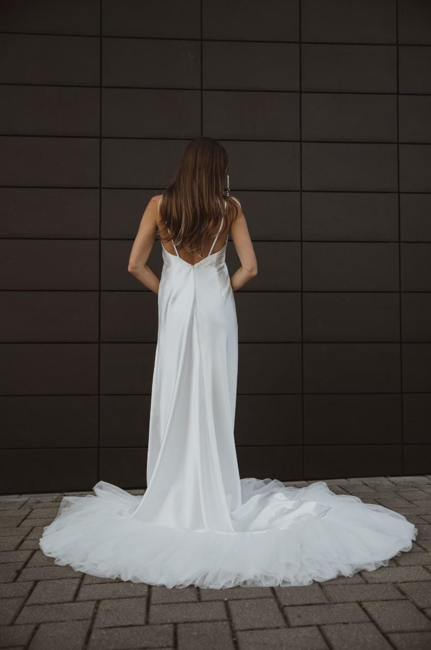 ivory slip wedding dress Satin with Tulle Ruffles fitted slip wedding dress