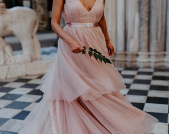 Blush Tulle Wedding Gown /  Tulle Wedding Dress / Boho Wedding Dress / Bohemian Wedding Gown