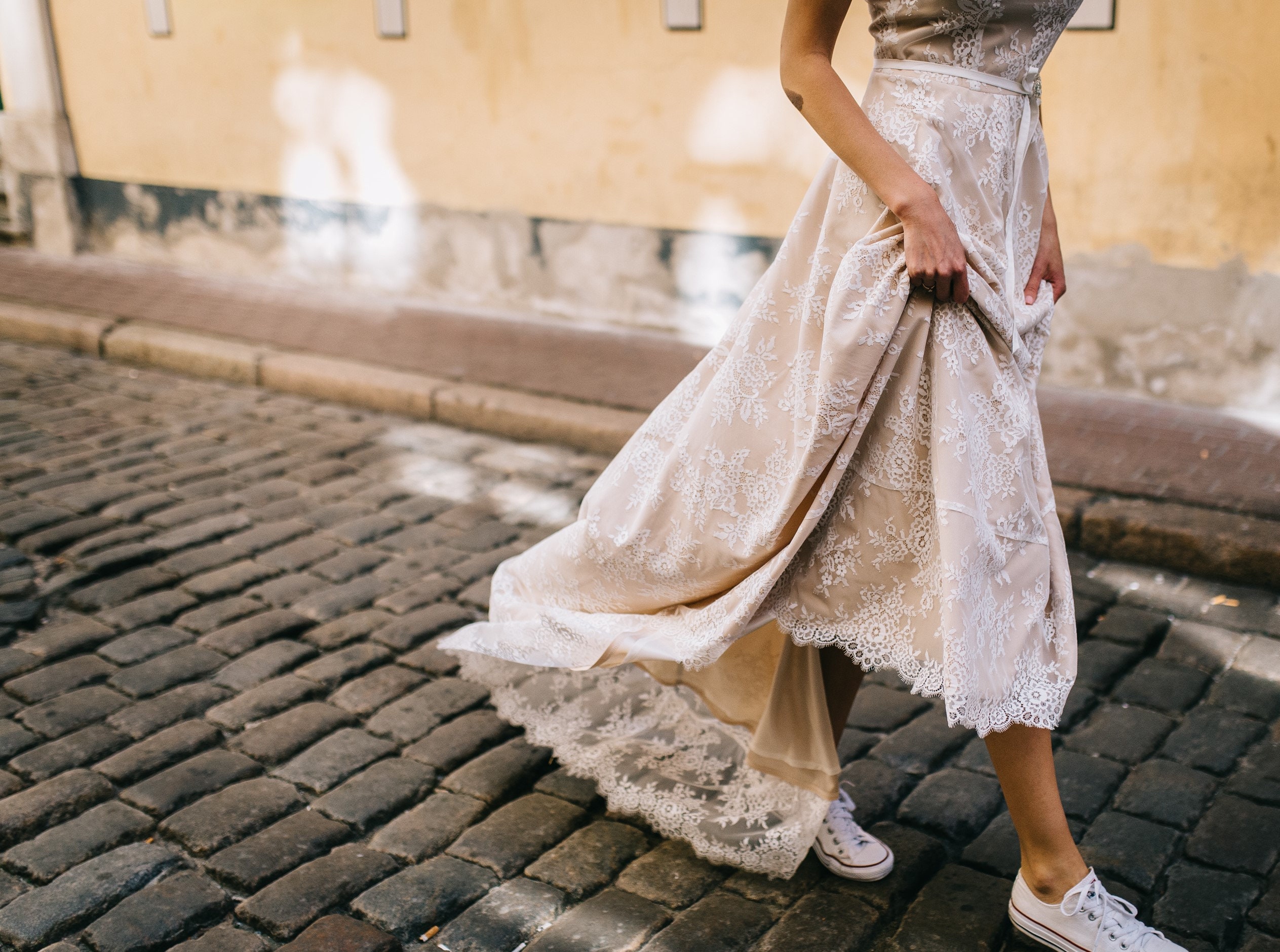 Delicate Beige Lace Wedding Dress, Open Back, Long Train