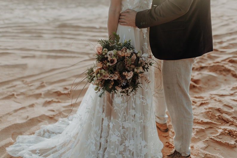 Bohemian Beige Wedding Dress With 3D Lace And Short Sleeves/Open back Nude Wedding Dress/A-line Silhouette Bohemian Wedding gown image 7