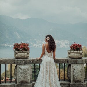 Nude/Beige Boho Sleeveless Wedding Dress With Intricate Lace Detailing/Lace Leaf Patterned Dress with Satin Ribbon/Bohemian Wedding Gown image 3