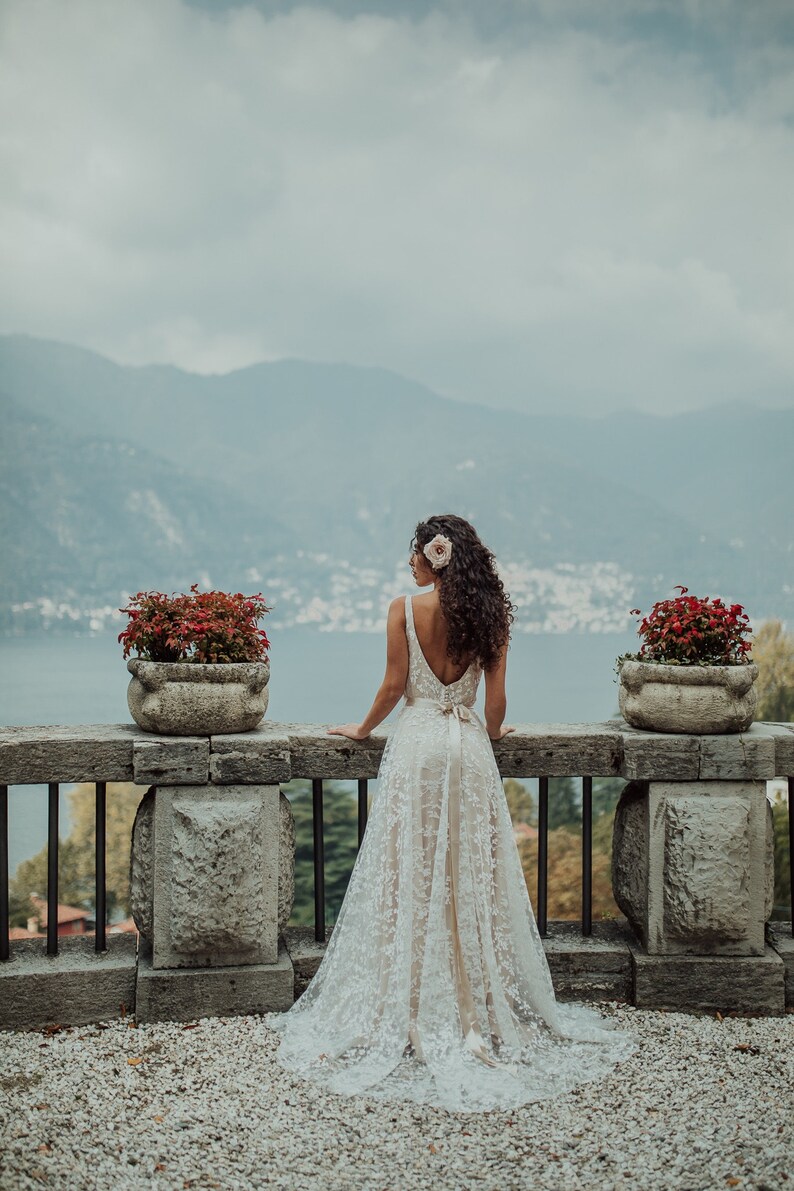 Nude/Beige Boho Sleeveless Wedding Dress With Intricate Lace Detailing/Lace Leaf Patterned Dress with Satin Ribbon/Bohemian Wedding Gown image 3