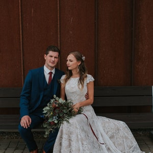 Bohemian Beige Lace Wedding Dress/Bohemian Ruffled Open Back Beige Lace Wedding Dress/Bohemian Long Train Low Back Lace Wedding Dress image 2