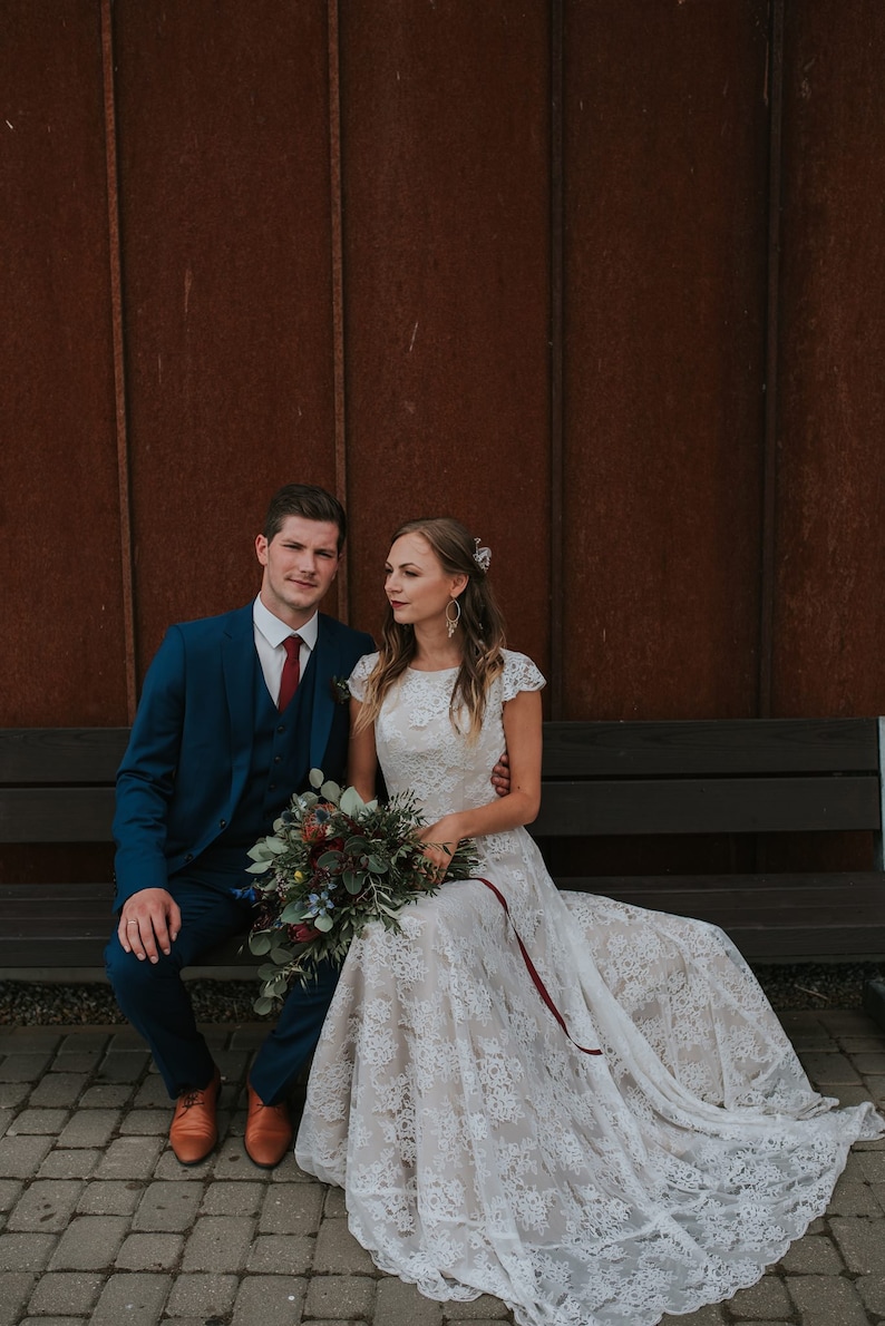 Bohemian Beige Lace Wedding Dress/Bohemian Ruffled Open Back Beige Lace Wedding Dress/Bohemian Long Train Low Back Lace Wedding Dress image 2