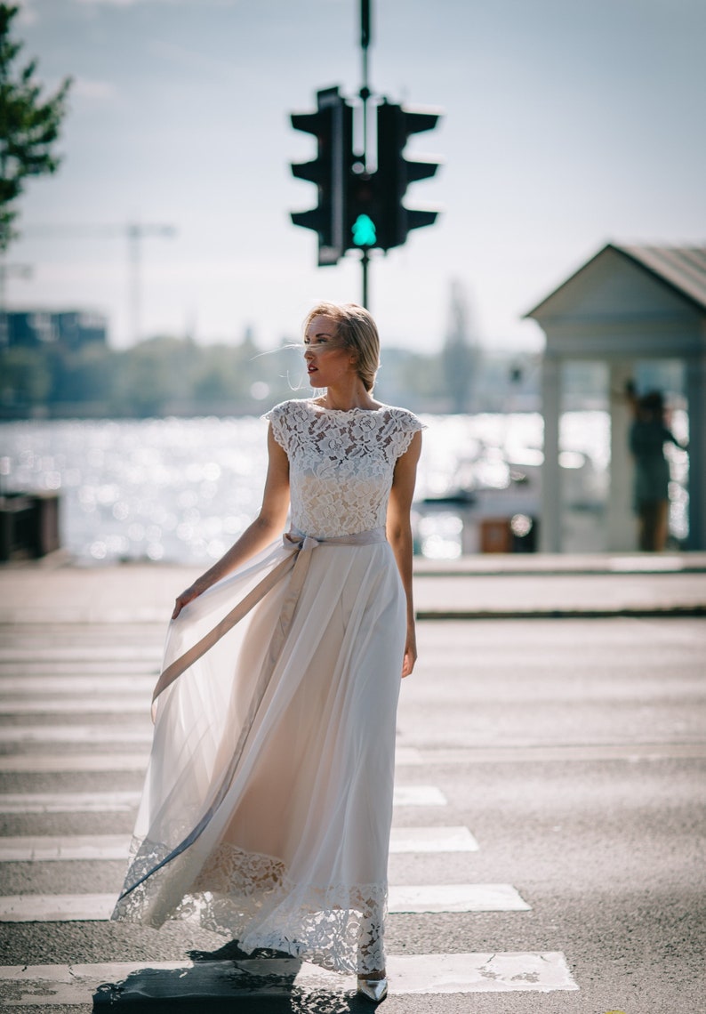 Simple Chiffon Wedding Dress with Lace Top and Hemline/Backless Boho Wedding Dress with Lace Top/Backless Chiffon Wedding Dress image 2