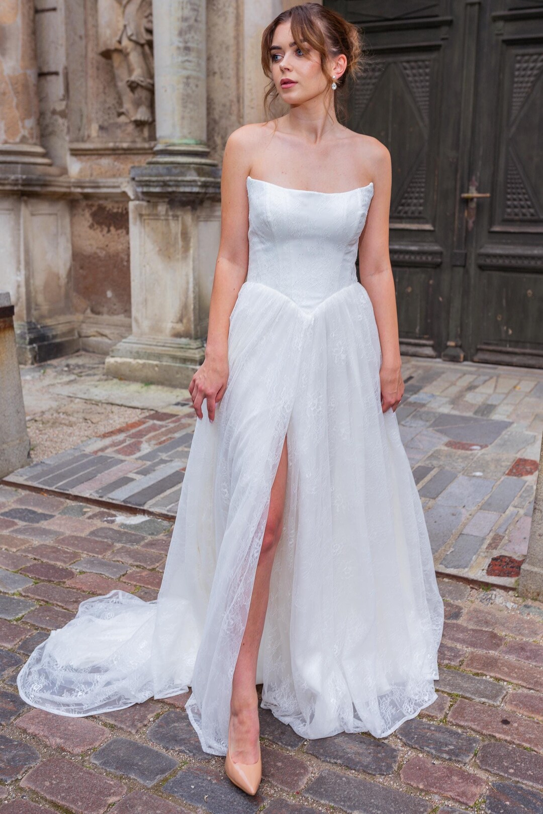 Lace Wedding Dress / Corset Top Wedding Dress With a Slip / Front Slit ...