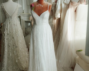 Bohemian Lace Wedding Gown /Romantic Lace Wedding Dress / Ivory wedding dress with fine straps / Romantic handmade wedding dress
