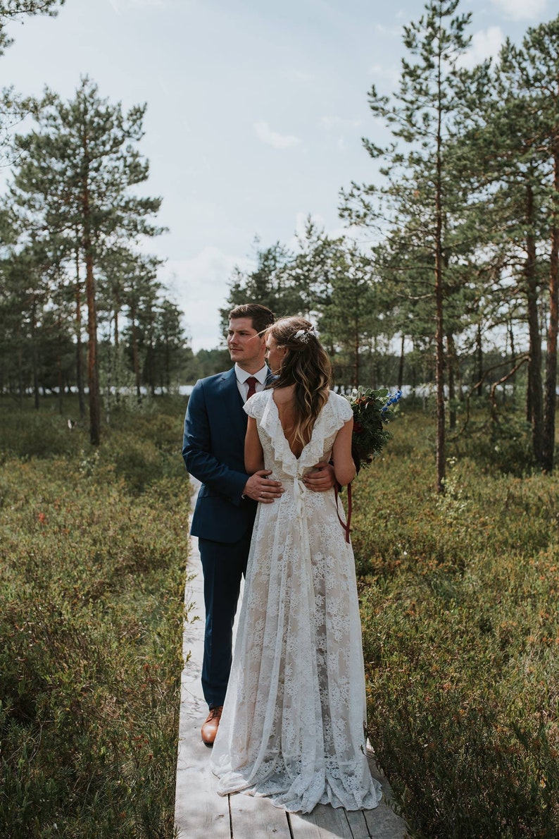 Bohemian Beige Lace Wedding Dress/Bohemian Ruffled Open Back Beige Lace Wedding Dress/Bohemian Long Train Low Back Lace Wedding Dress image 5