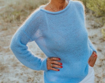 Blue loose fit soft mohair sweater, oversized knitted jumper, elegant luxury knitwear, delicate knit, S/M/L