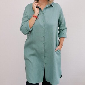 Linen collar midi shirt with pockets, Linen shirts for women, Linen long sleeve shirt, Linen button down top, Linen collar blouse