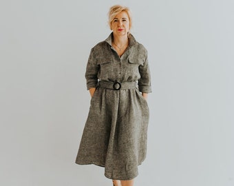 Gray melange linen and wool dress, spring dress, midi dress, dress with pockets