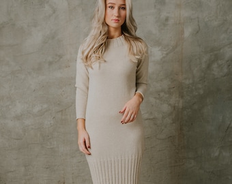 Beige knitted merino dress womens, handmade merino wool midi dress, knitted merino dress for women, Handmade soft merino wool dress womens