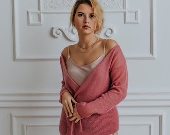 Pink knitted wrap cardigan, womens wool shrugs, handmade mohair knitwear, soft mohair cardigan with belt, feminine clothing for spring, S, M