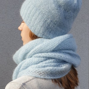 Light blue SET of knitted mohair beanie and scarf, handmade soft wool winter hat and infinity scarves, luxury knitted wool hat, minimal look image 4