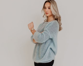 Light blue oversized sheer knitted wool sweater, pastel delicate knit wool jumper for women, feminine look, luxury knitwear, loose fit S/M/L