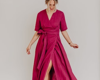 Fuchsia wrap linen dress, robe dress, washed linen magenta dress, summer clothing for women, luxury dresses, soft linen dress