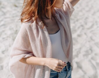 Powder beige kimono wool shrug, oversized rose handmade sheer knit cardigan, womens summer cardigans, simple design beige knitwear S/M/L/XL