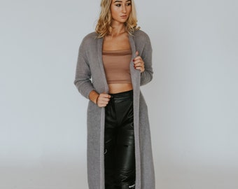 Luxury knit classic wool maxi cardigan for women, long mohair shrug, grey jacket, simple look, minimalist design, capsule wardrobe S/M/L