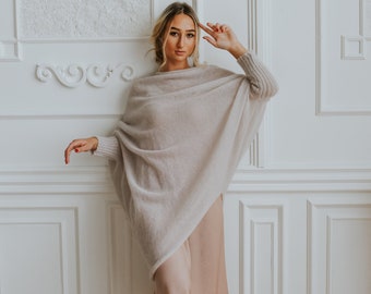 Ash white asymmetrical long sweater for women, soft mohair wool jumpers, knitted loose fit tunic, spring fashion, oversize feminine look M/L