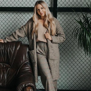 Thick knit cardigan, chunky knit women, merino cardigan she, knitted plain tweed, lambswool long open front cardigan, camel color