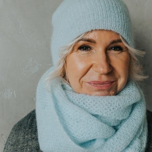 Light blue SET of knitted mohair beanie and scarf, handmade soft wool winter hat and infinity scarves, luxury knitted wool hat, minimal look image 2