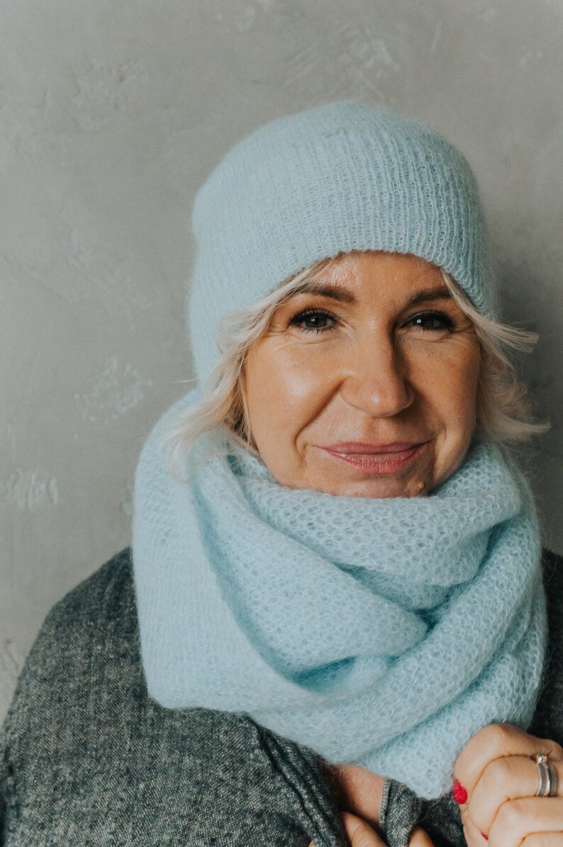 Light blue SET of knitted mohair beanie and scarf, handmade soft wool winter hat and infinity scarves, luxury knitted wool hat, minimal look image 2