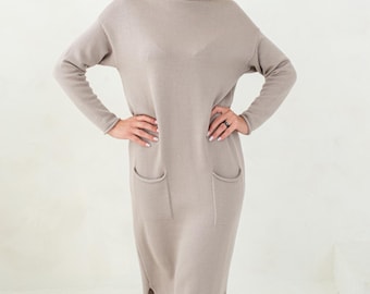 Natural Wool Dress for Women, Light cacao Dress Women, Warm Merino Sweater Dress, turtleneck merino wool midi dress, long wool Dress