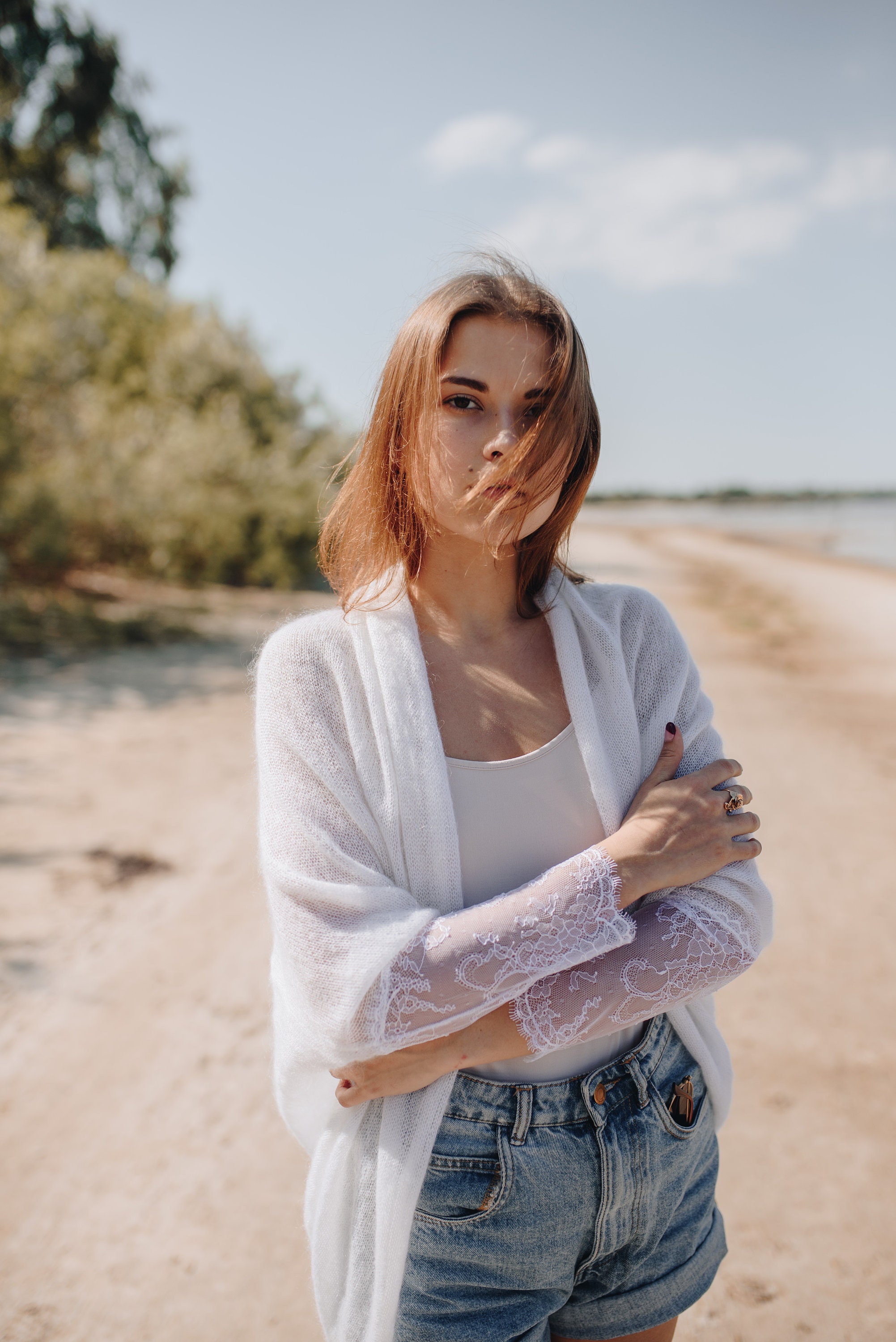 Luxury Handmade Bridal Cardigan With Lace Sleeves White Wool